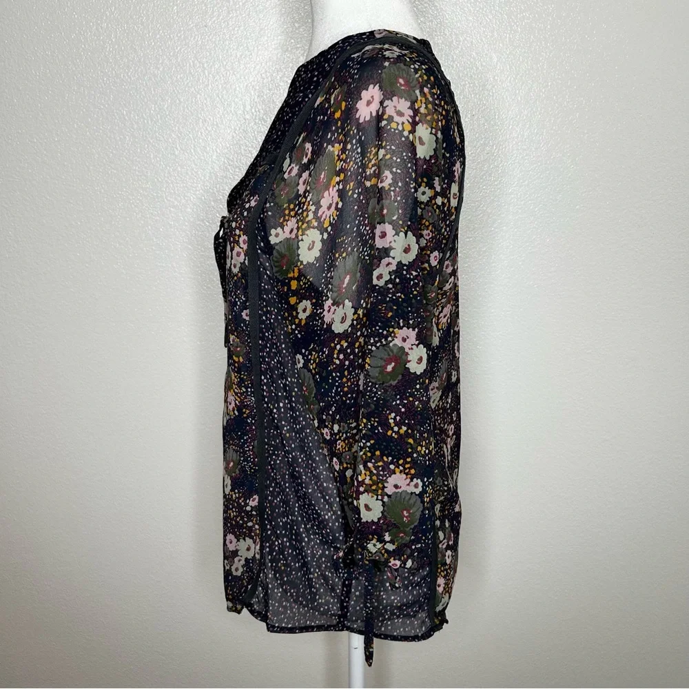 ZARA Womens Navy Blue Floral Chiffon Front Tie Top Balloon Sleeve Size XS/ S - Picture 6 of 10